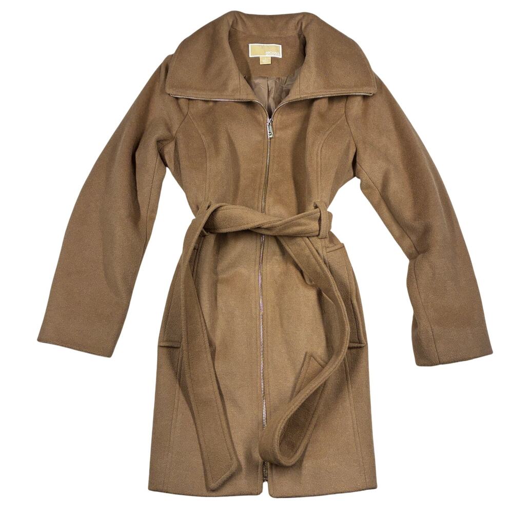 Michael Kors Coat Womens Small Dark Carmel Belted Zip-Front Belted Wool Blend